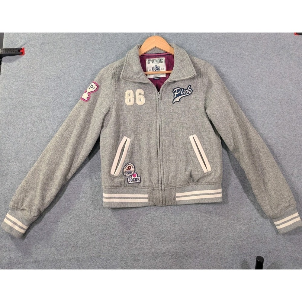 PINK Victoria's Secret Wool Varsity Jacket Medium Gray State‎ Champs Patches